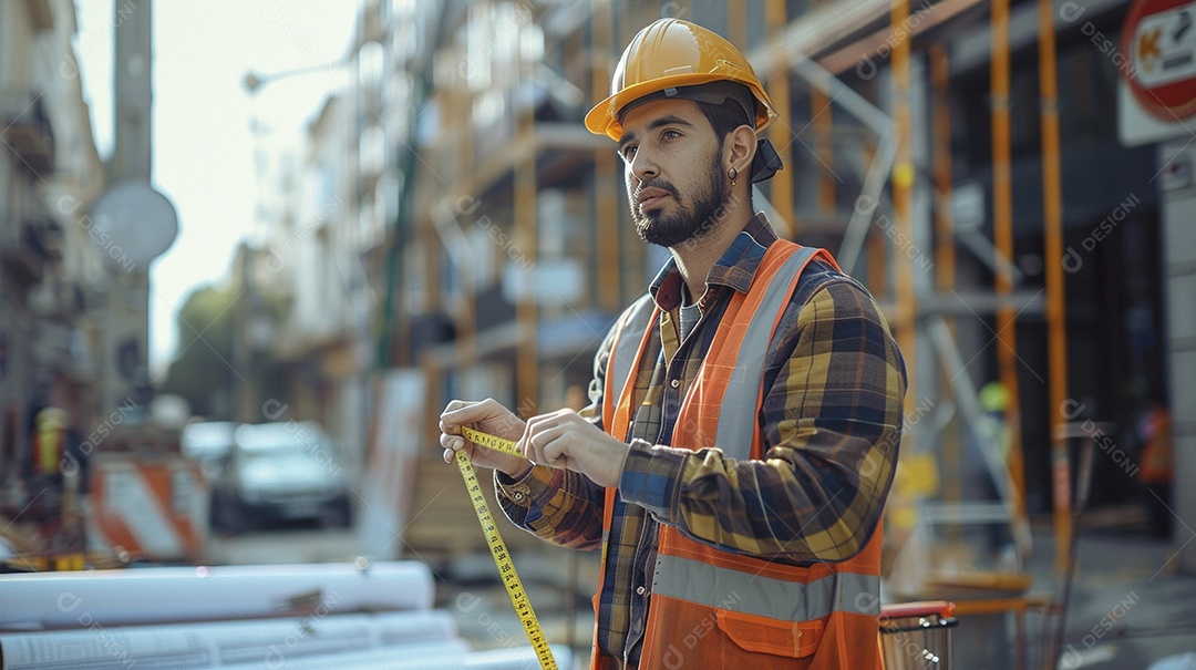 Um trabalhador da construção civil medindo um local para um edifício, o trabalhador segurando uma fita métrica