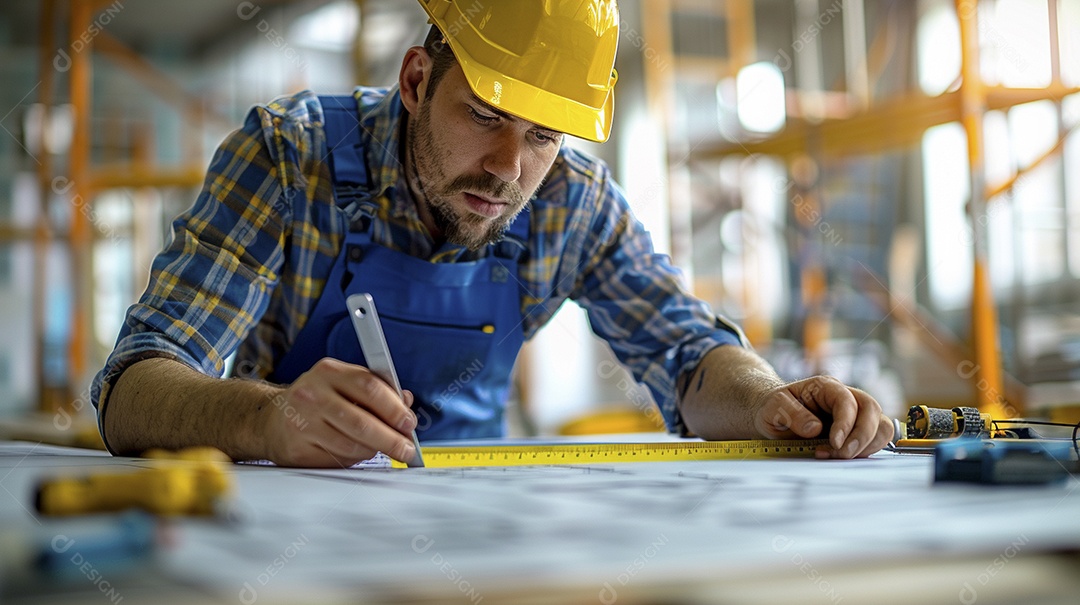 Um trabalhador da construção civil medindo um local para um edifício, o trabalhador segurando uma fita métrica