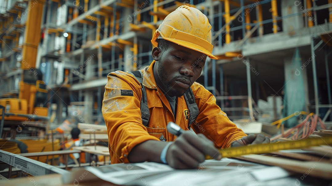 Um trabalhador da construção civil medindo um local para um edifício, o trabalhador segurando uma fita métrica