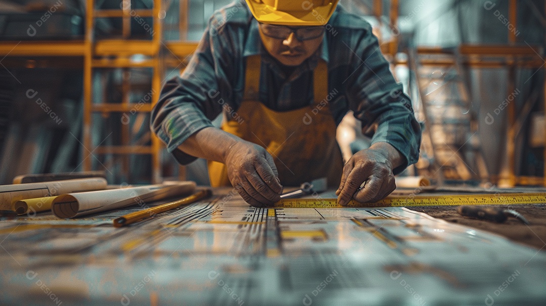 Um trabalhador da construção civil medindo um local para um edifício, o trabalhador segurando uma fita métrica