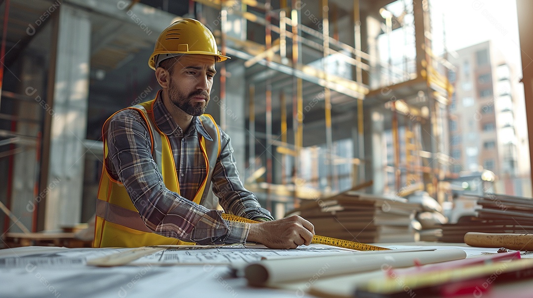 Um trabalhador da construção civil medindo um local para um edifício, o trabalhador segurando uma fita métrica