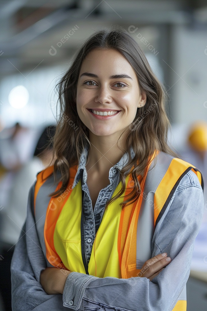 Uma mulher com equipamento de construção, colete de segurança vibrante e sorriso confiante