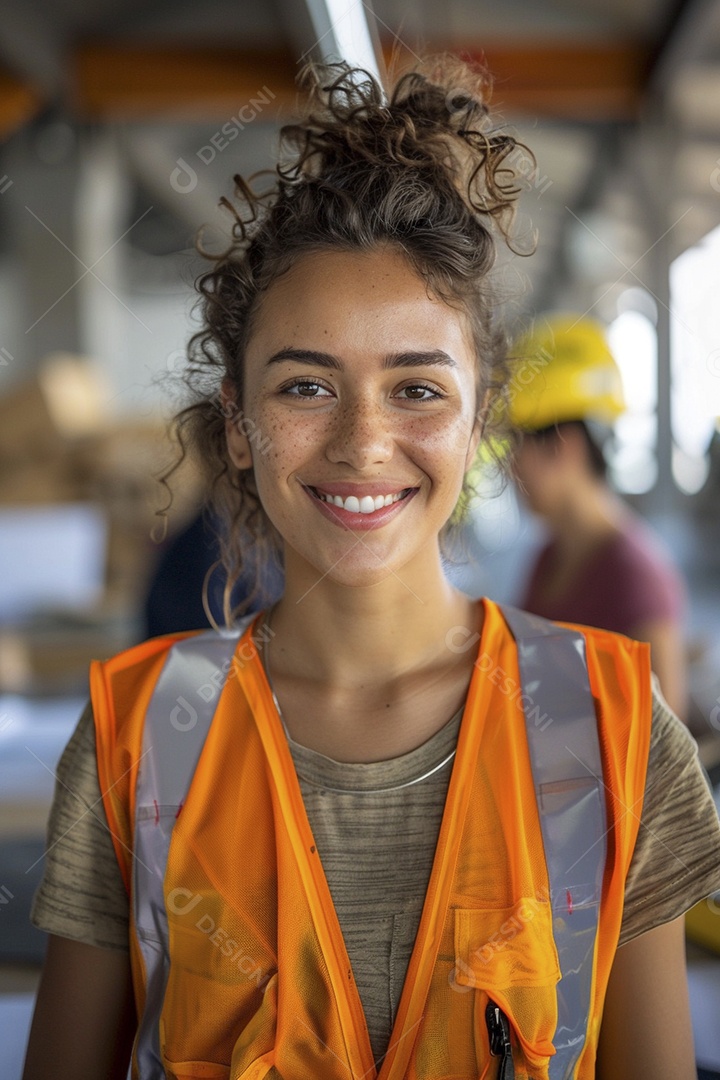 Uma mulher com equipamento de construção, colete de segurança vibrante e sorriso confiante