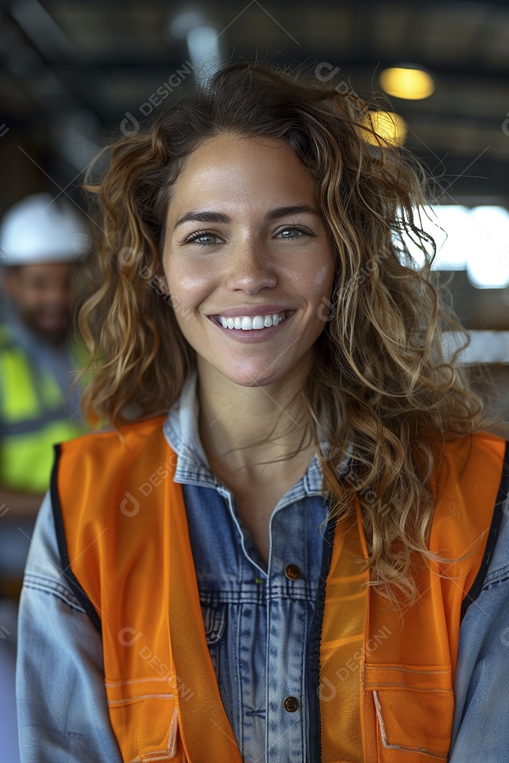 Uma mulher com equipamento de construção, colete de segurança vibrante e sorriso confiante