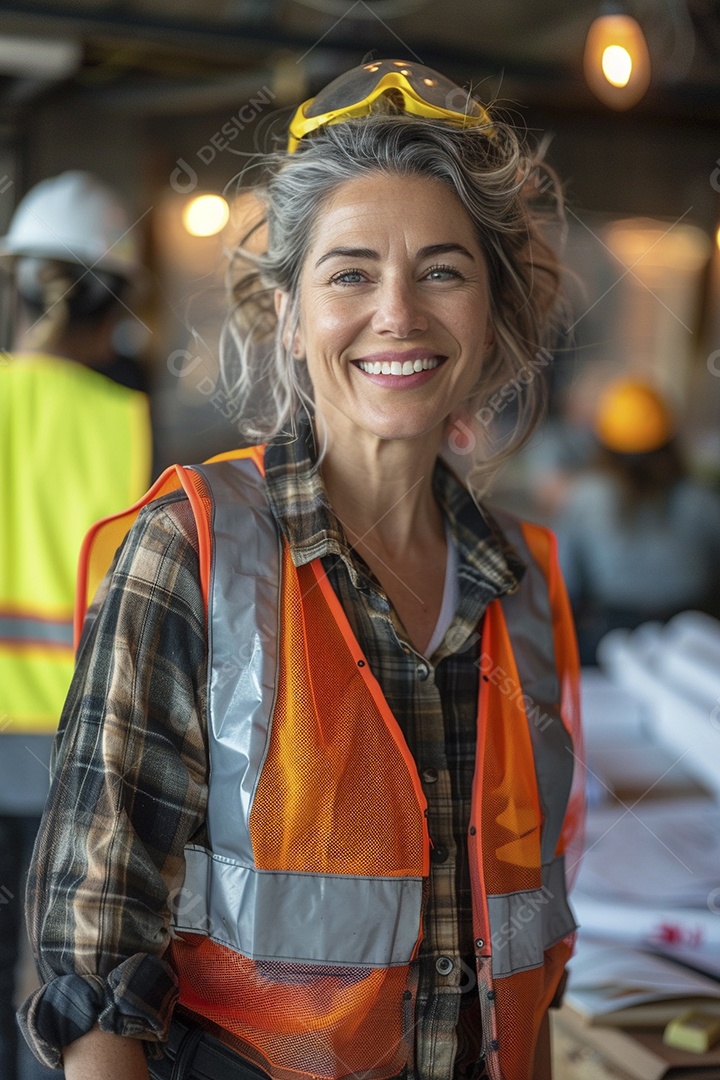 Uma mulher com equipamento de construção, colete de segurança vibrante e sorriso confiante