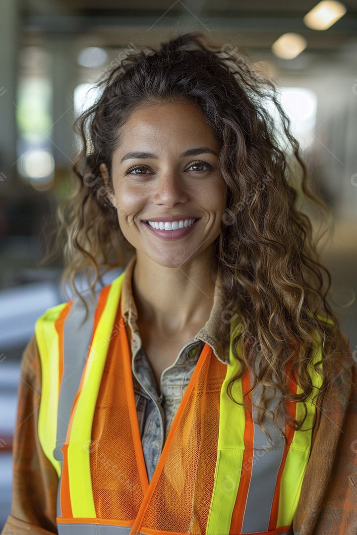Uma mulher com equipamento de construção, colete de segurança vibrante e sorriso confiante