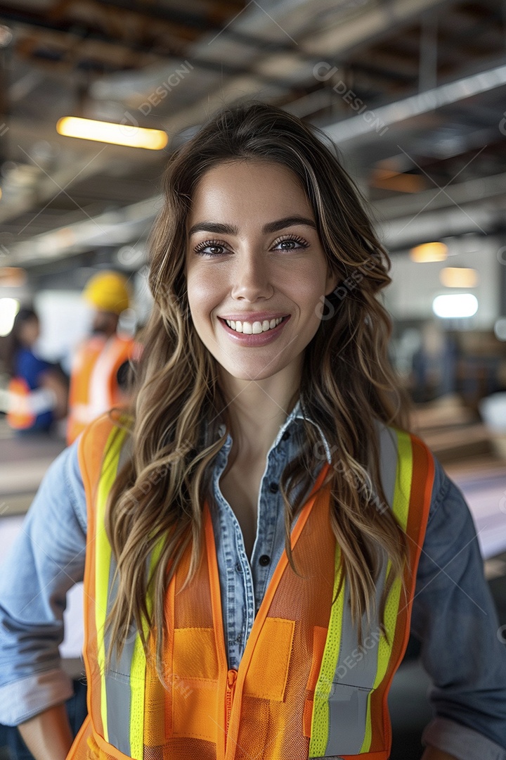 Uma mulher com equipamento de construção, colete de segurança vibrante e sorriso confiante