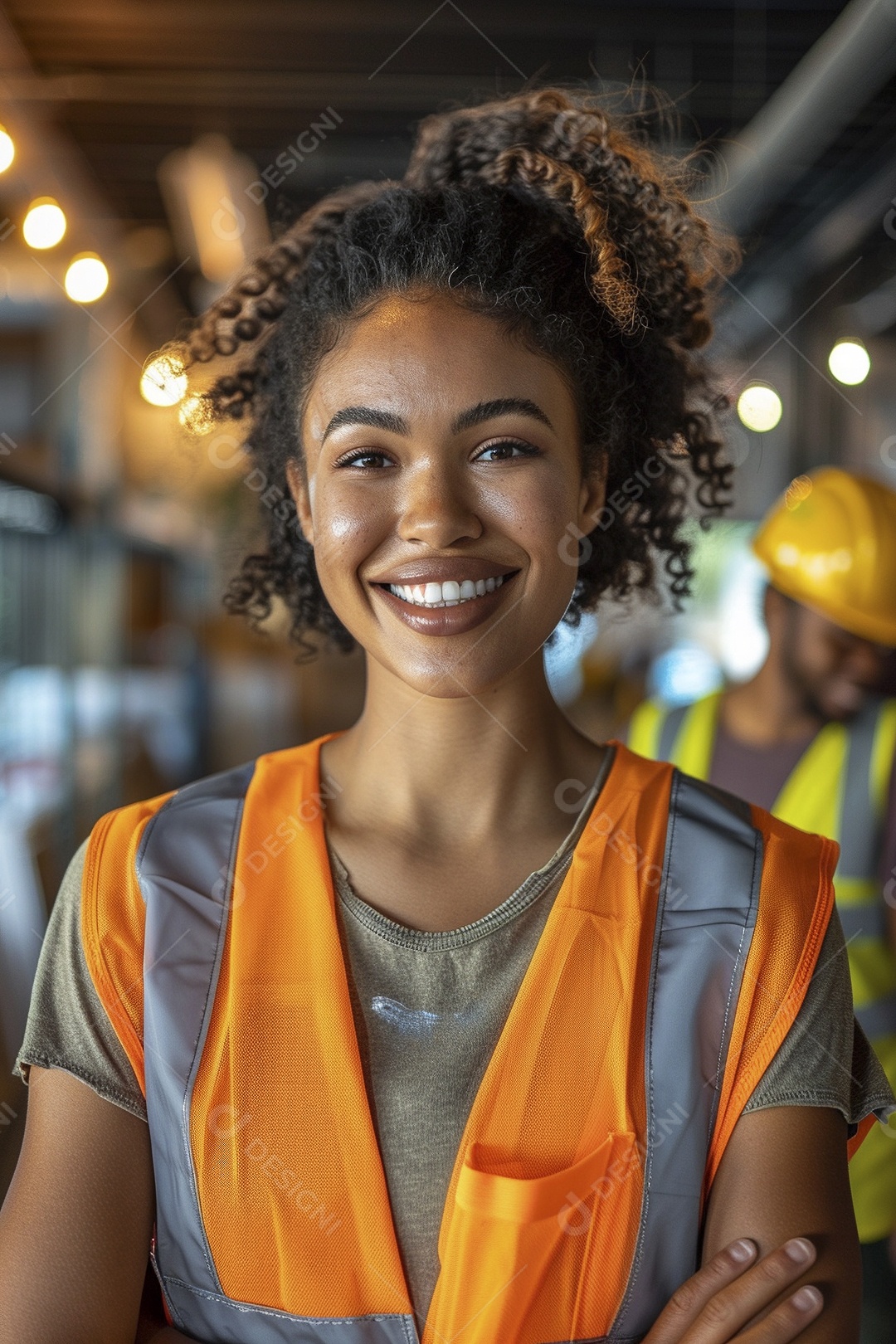 Uma mulher com equipamento de construção, colete de segurança vibrante e sorriso confiante