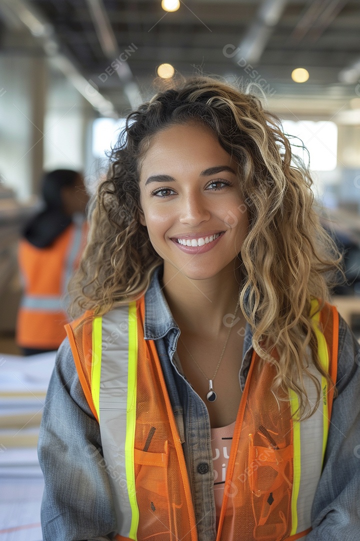 Uma mulher com equipamento de construção, colete de segurança vibrante e sorriso confiante