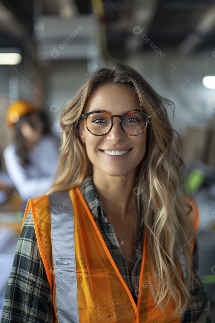 Uma mulher com equipamento de construção, colete de segurança vibrante e sorriso confiante