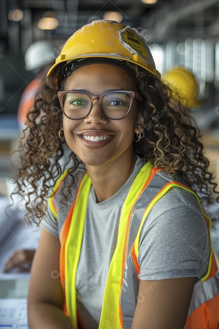 Uma mulher com equipamento de construção, colete de segurança vibrante e sorriso confiante