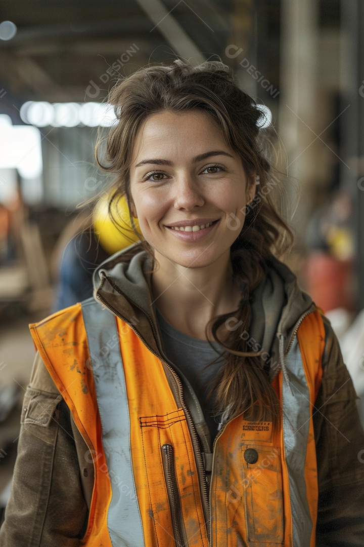 Uma mulher com equipamento de construção, colete de segurança vibrante e sorriso confiante