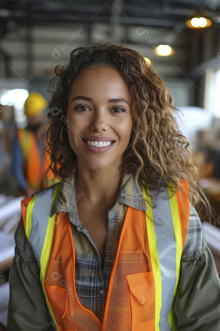 Uma mulher com equipamento de construção, colete de segurança vibrante e sorriso confiante