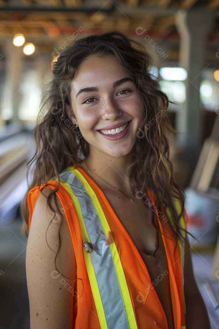 Uma mulher com equipamento de construção, colete de segurança vibrante e sorriso confiante