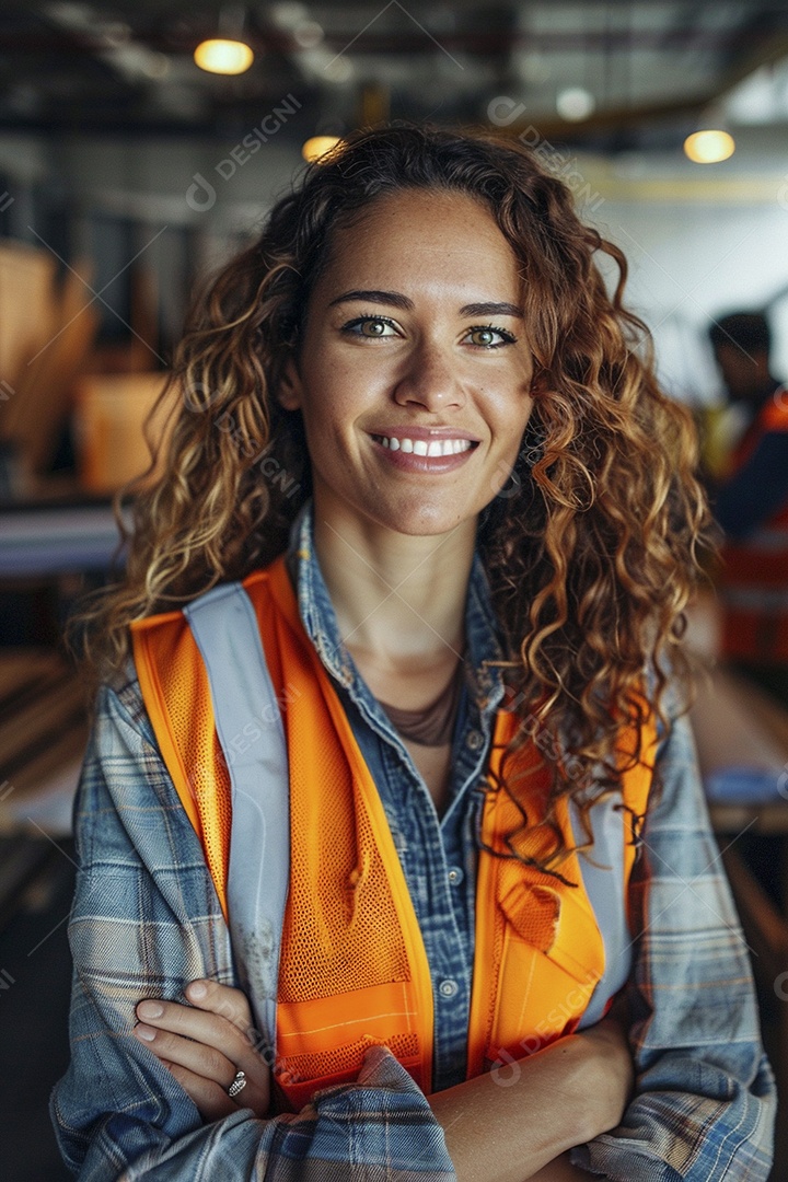 Uma mulher com equipamento de construção, colete de segurança vibrante e sorriso confiante