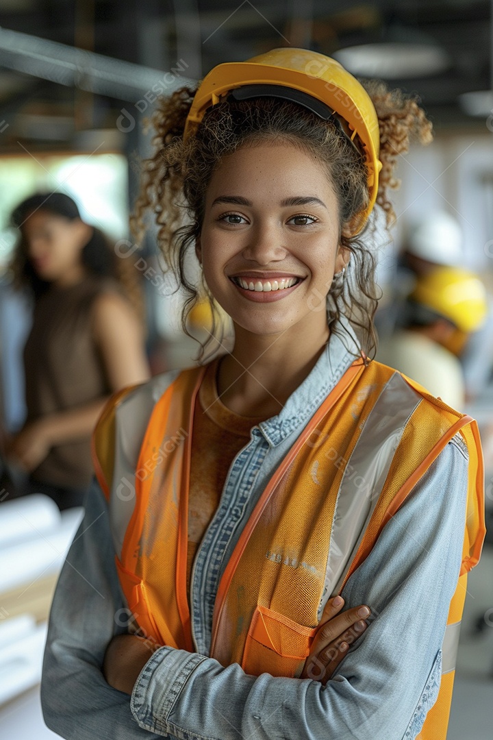 Uma mulher com equipamento de construção, colete de segurança vibrante e sorriso confiante