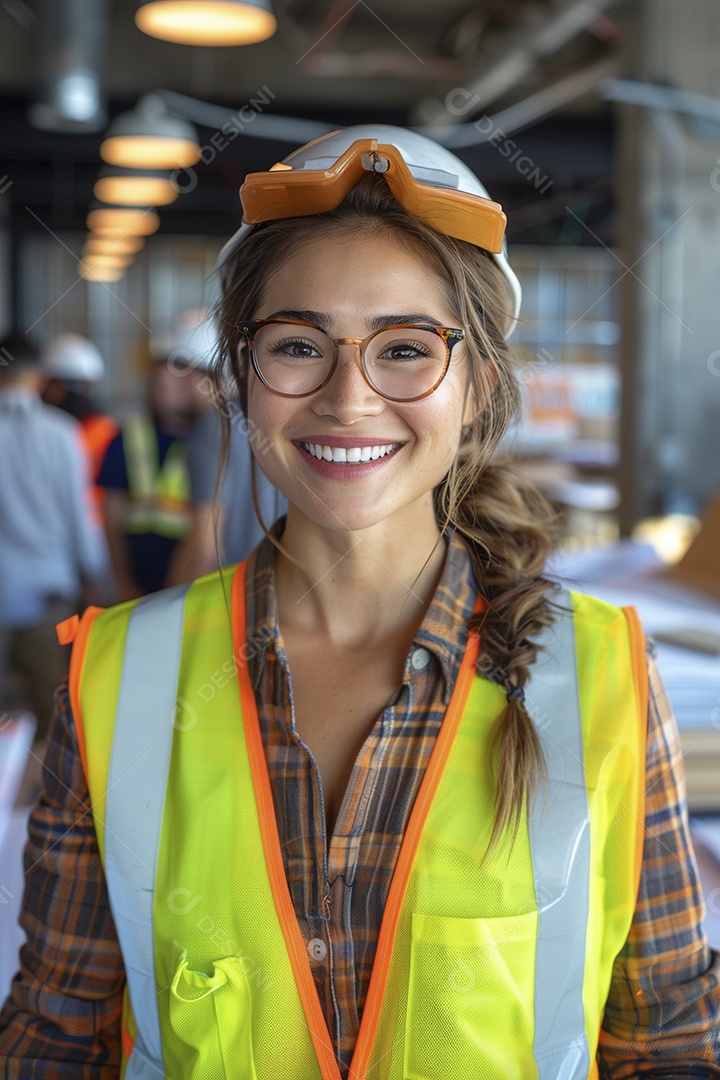 Uma mulher com equipamento de construção, colete de segurança vibrante e sorriso confiante