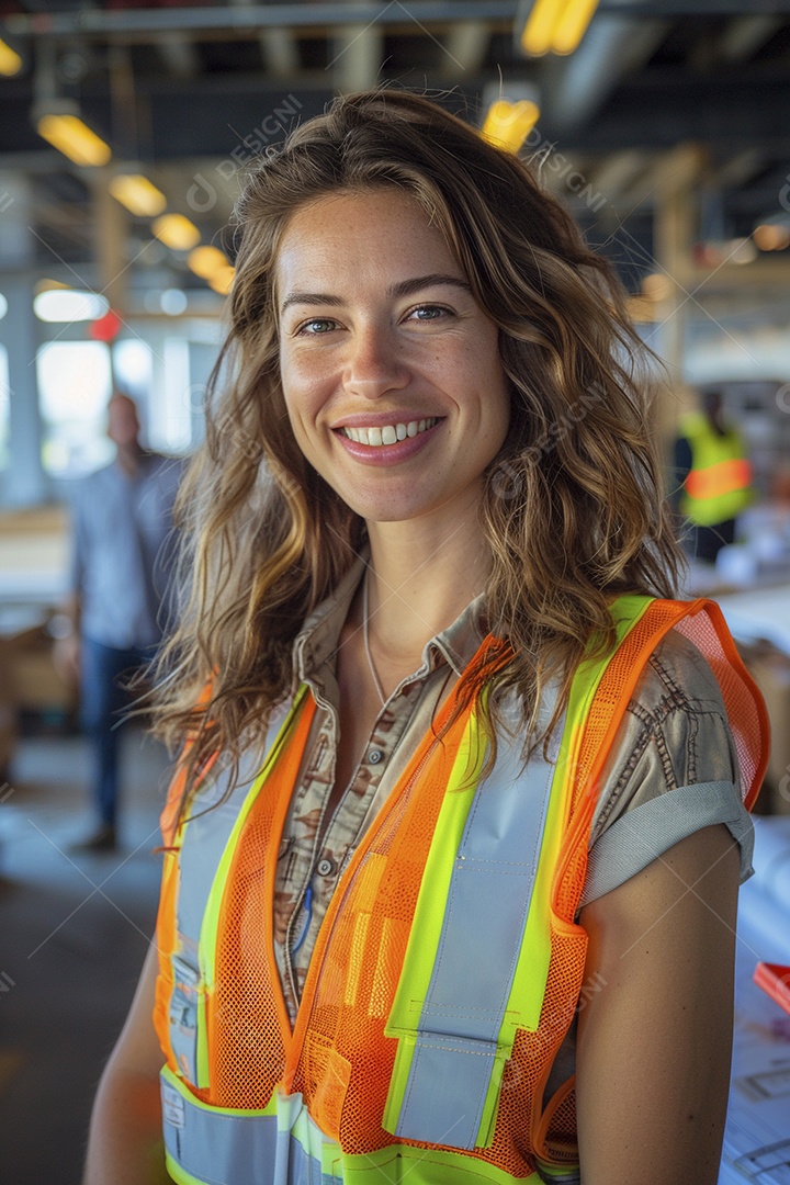 Uma mulher com equipamento de construção, colete de segurança vibrante e sorriso confiante