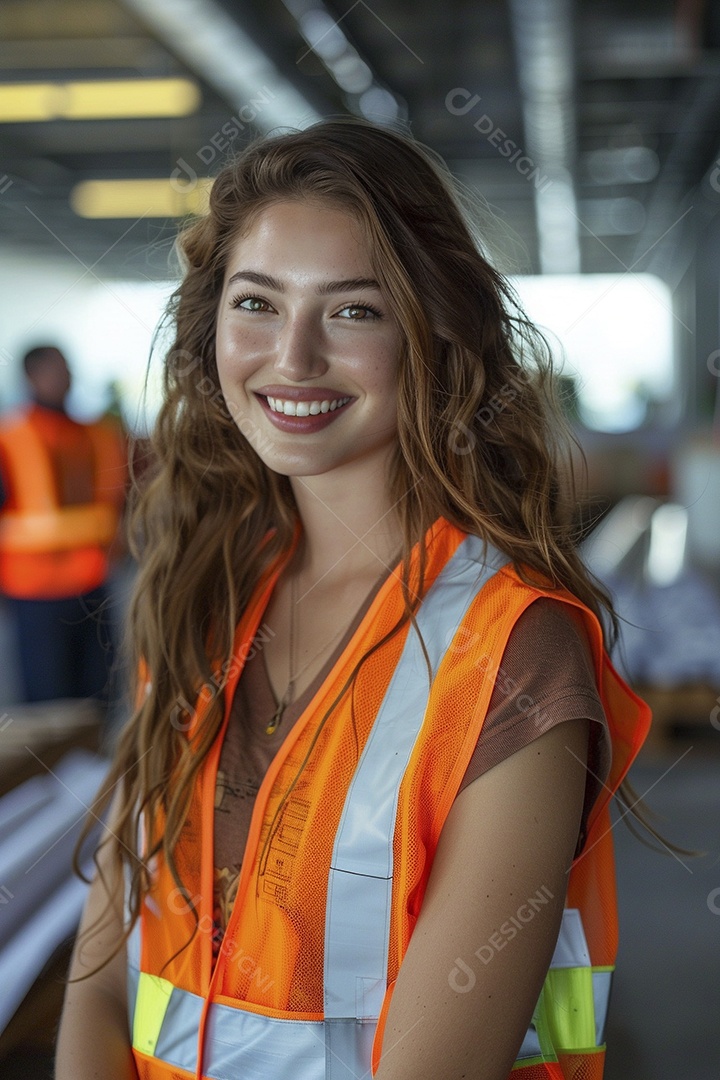 Uma mulher com equipamento de construção, colete de segurança vibrante e sorriso confiante