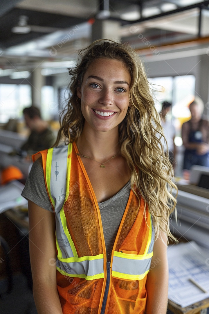 Uma mulher com equipamento de construção, colete de segurança vibrante e sorriso confiante