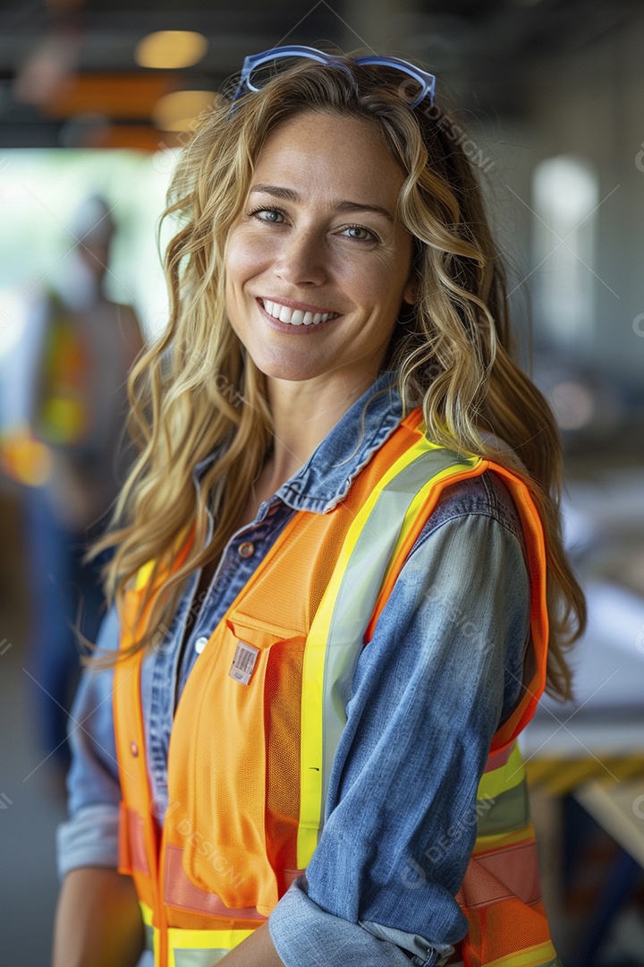 Uma mulher com equipamento de construção, colete de segurança vibrante e sorriso confiante