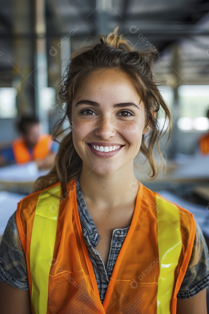 Uma mulher com equipamento de construção, colete de segurança vibrante e sorriso confiante