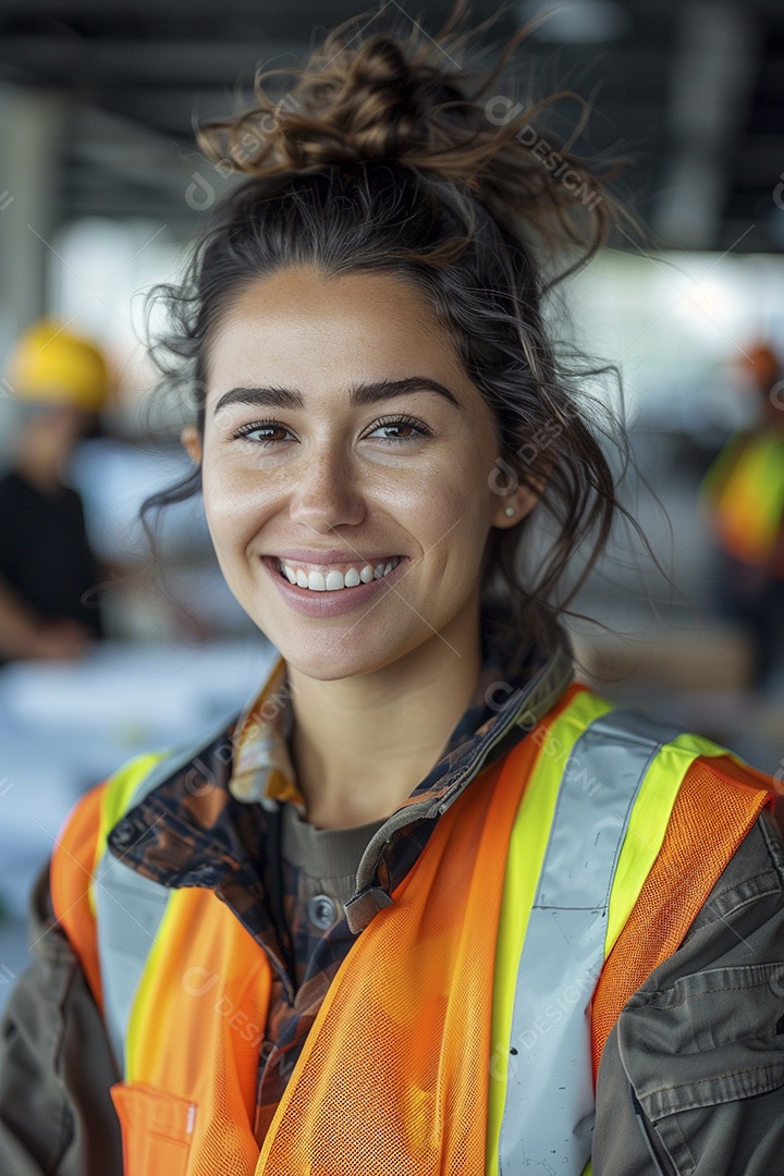 Uma mulher com equipamento de construção, colete de segurança vibrante e sorriso confiante