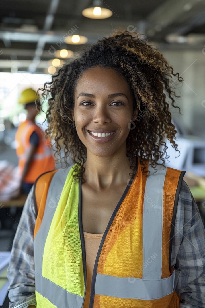 Uma mulher com equipamento de construção, colete de segurança vibrante e sorriso confiante