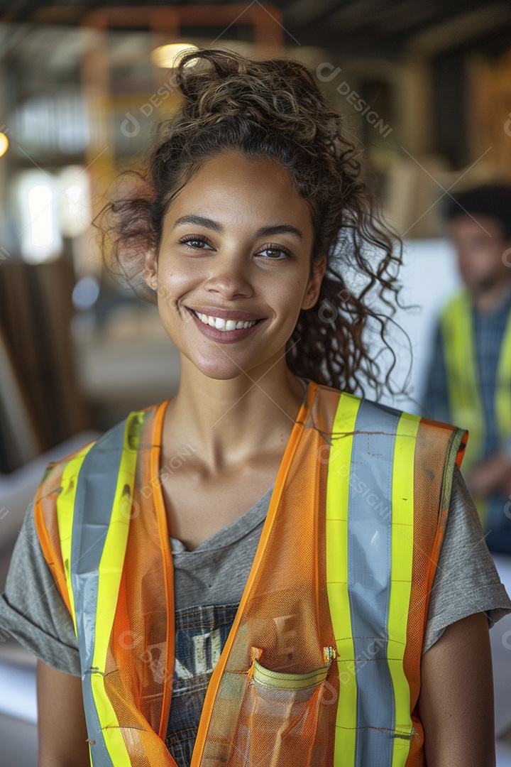Uma mulher com equipamento de construção, colete de segurança vibrante e sorriso confiante