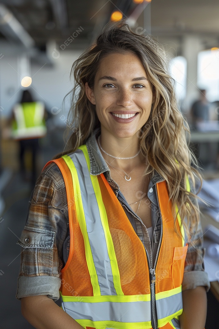 Uma mulher com equipamento de construção, colete de segurança vibrante e sorriso confiante