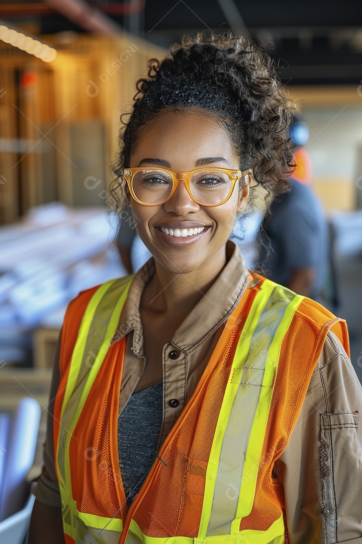 Uma mulher com equipamento de construção, colete de segurança vibrante e sorriso confiante