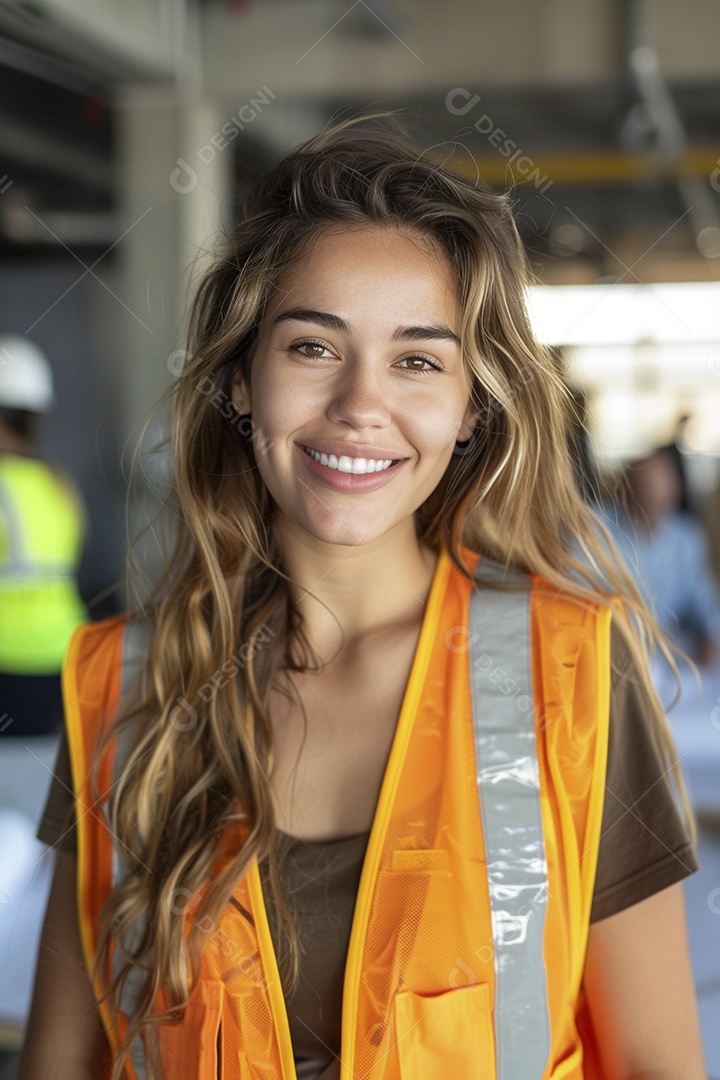 Uma mulher com equipamento de construção, colete de segurança vibrante e sorriso confiante
