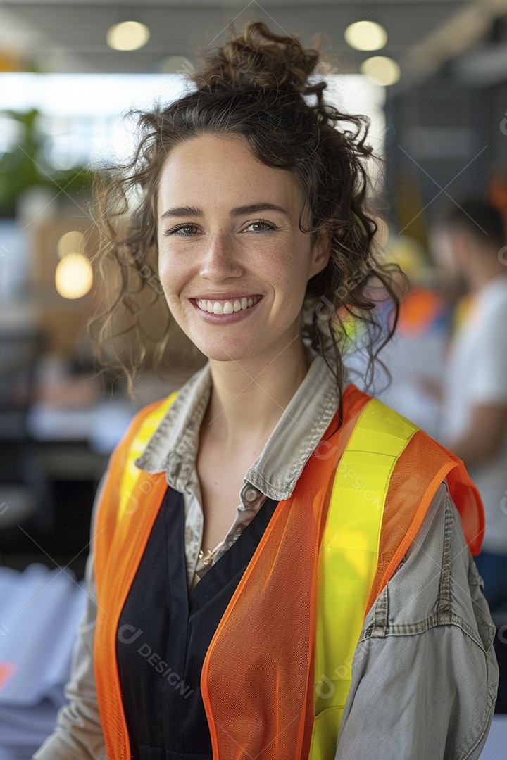 Uma mulher com equipamento de construção, colete de segurança vibrante e sorriso confiante