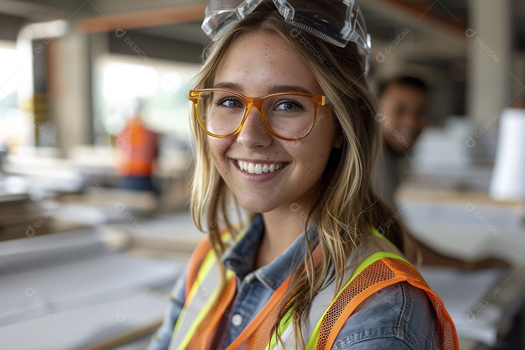 Uma mulher com equipamento de construção, colete de segurança vibrante e sorriso confiante