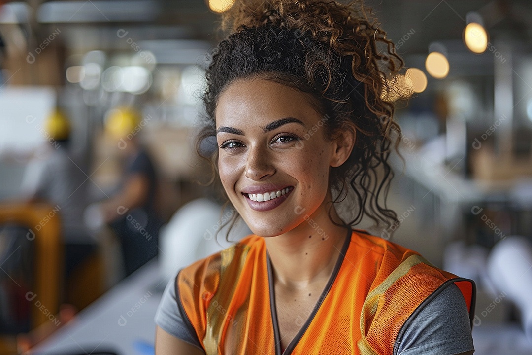 Uma mulher com equipamento de construção, colete de segurança vibrante e sorriso confiante