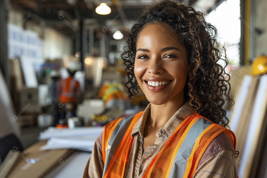 Uma mulher com equipamento de construção, colete de segurança vibrante e sorriso confiante