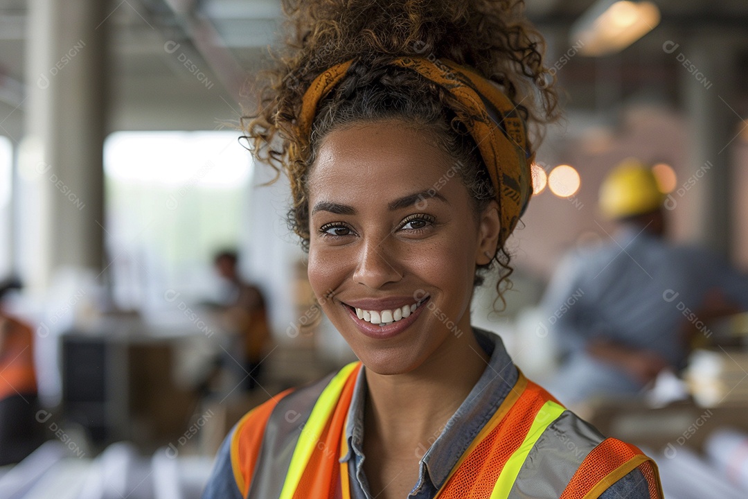 Uma mulher com equipamento de construção, colete de segurança vibrante e sorriso confiante