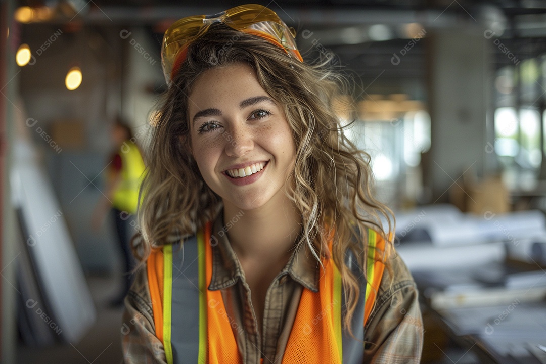 Uma mulher com equipamento de construção, colete de segurança vibrante e sorriso confiante