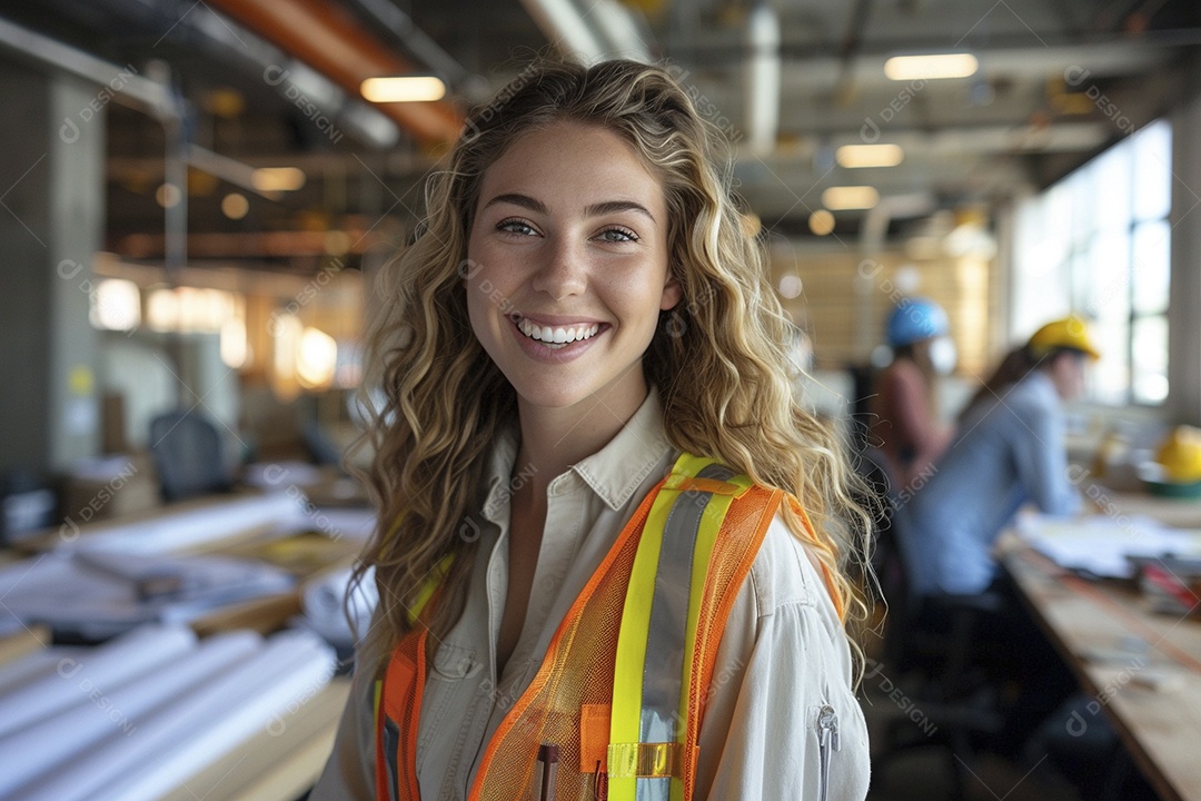 Uma mulher com equipamento de construção, colete de segurança vibrante e sorriso confiante
