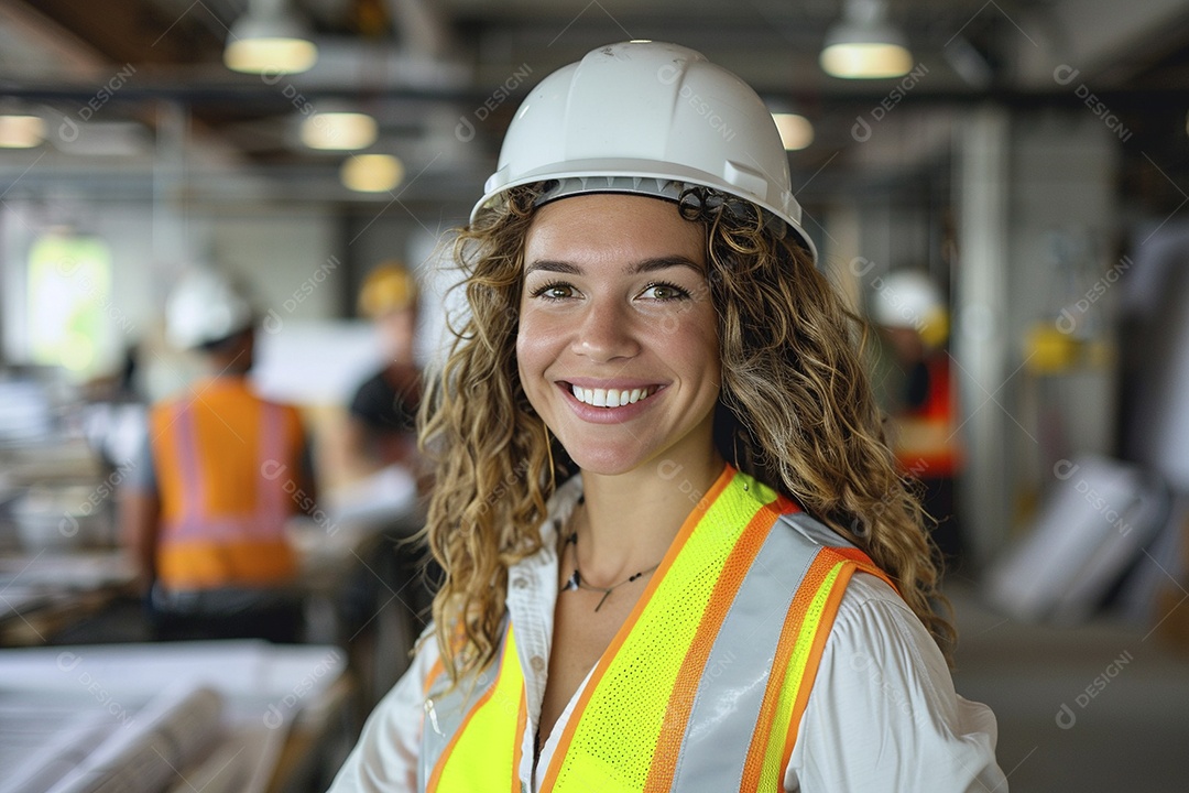 Uma mulher com equipamento de construção, colete de segurança vibrante e sorriso confiante