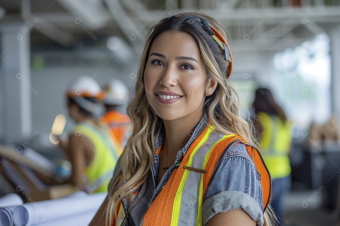 Uma mulher com equipamento de construção, colete de segurança vibrante e sorriso confiante