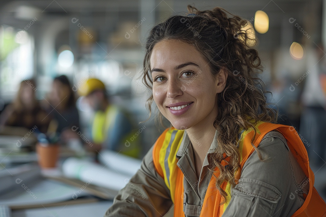 Uma mulher com equipamento de construção, colete de segurança vibrante e sorriso confiante