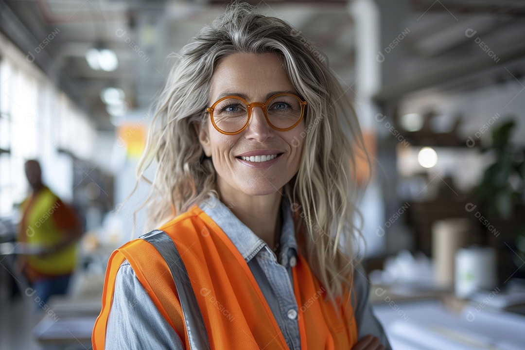 Uma mulher com equipamento de construção, colete de segurança vibrante e sorriso confiante