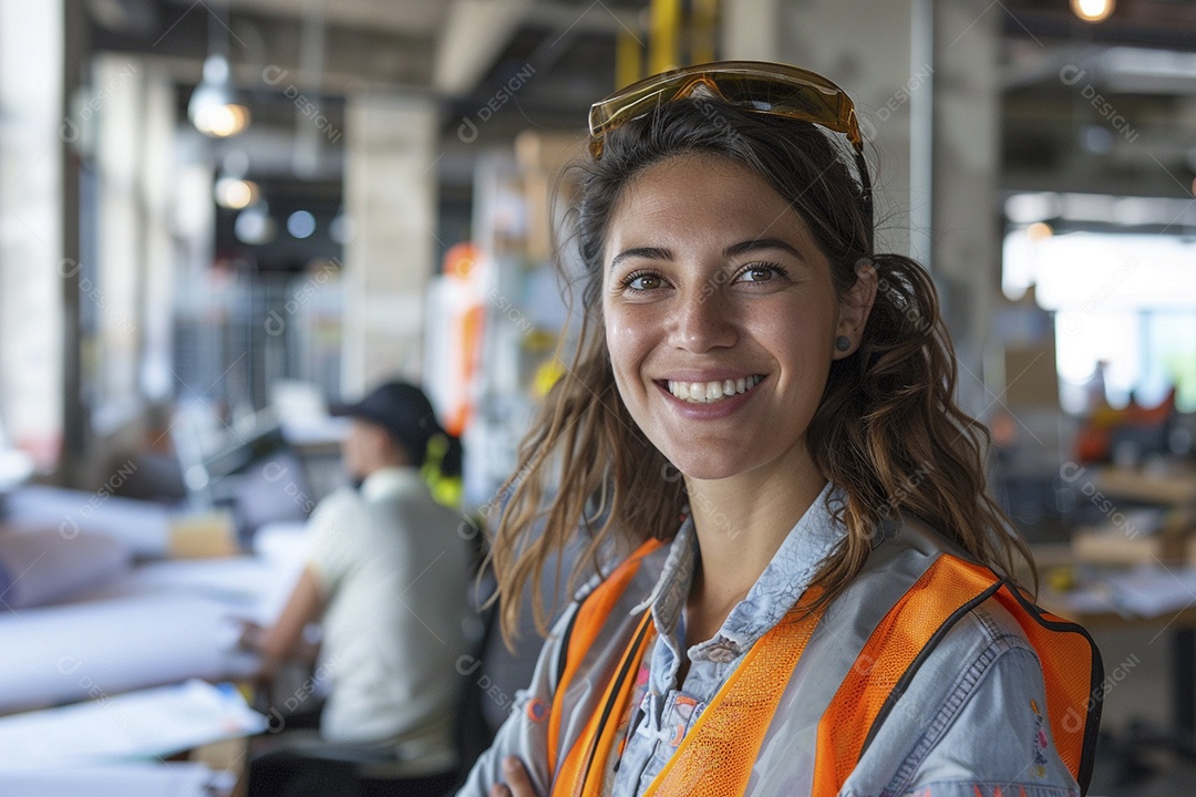 Uma mulher com equipamento de construção, colete de segurança vibrante e sorriso confiante