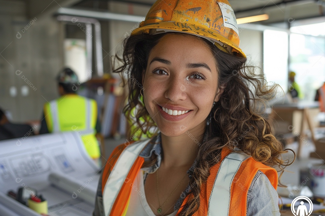 Uma mulher com equipamento de construção, colete de segurança vibrante e sorriso confiante