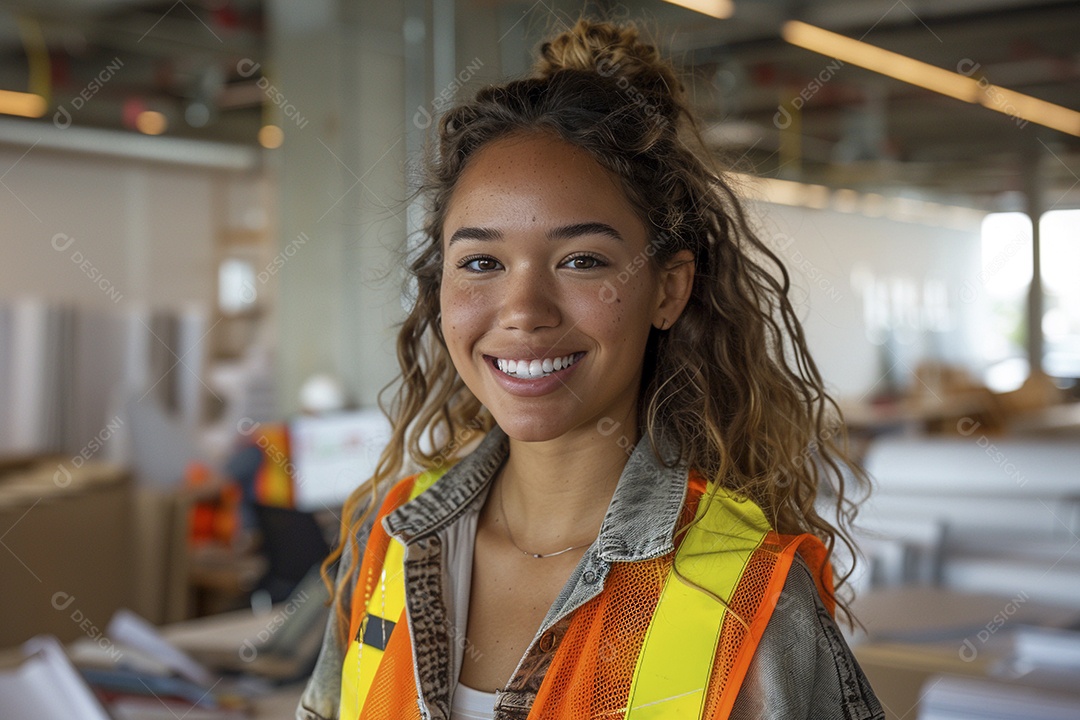 Uma mulher com equipamento de construção, colete de segurança vibrante e sorriso confiante