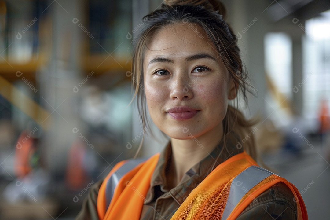 Uma mulher com equipamento de construção, colete de segurança vibrante e sorriso confiante