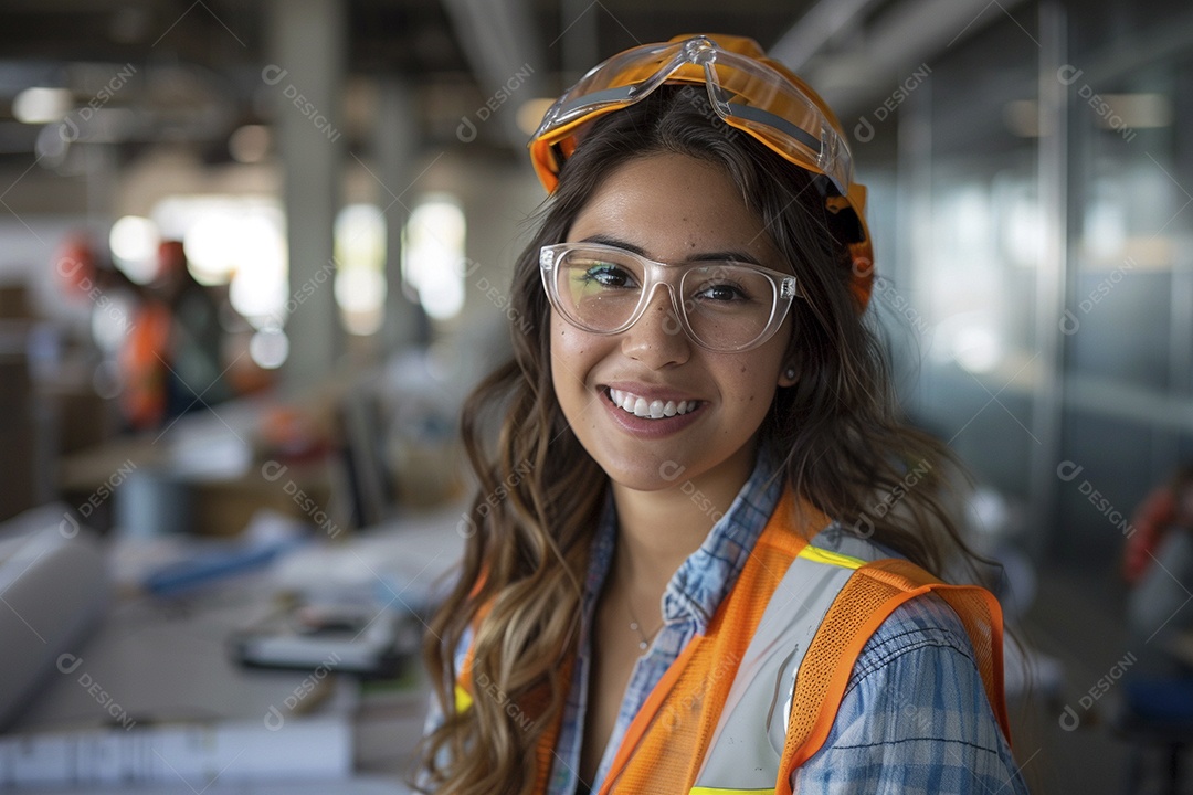 Uma mulher com equipamento de construção, colete de segurança vibrante e sorriso confiante