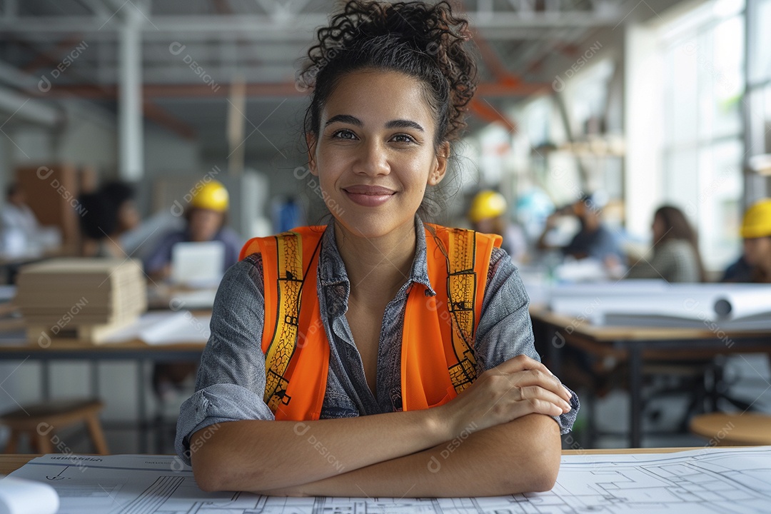 Uma mulher com equipamento de construção, colete de segurança vibrante e sorriso confiante