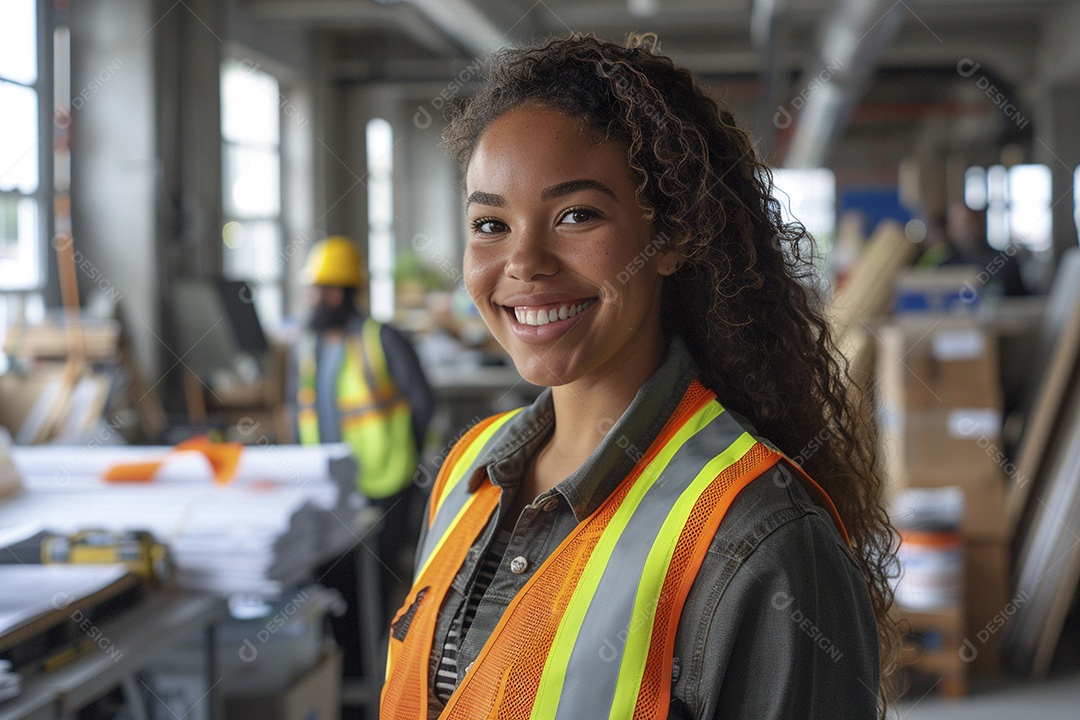 Uma mulher com equipamento de construção, colete de segurança vibrante e sorriso confiante